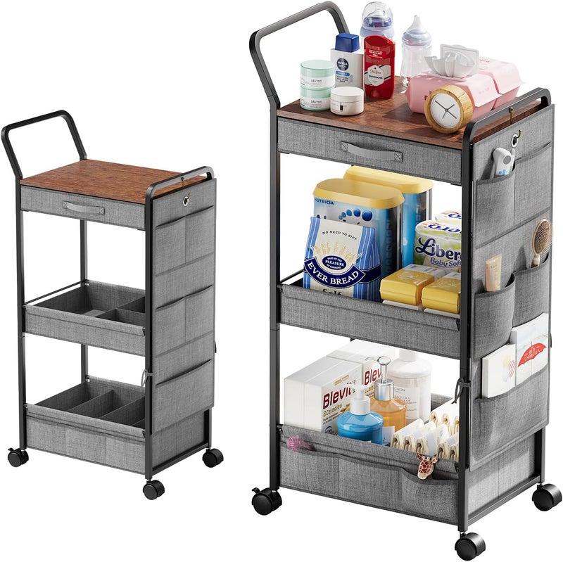 BBLIKE 3-Tier Diaper Caddy Organizer - Rolling Utility Baby Cart with Drawer and Side Pockets for Nursery and Baby Essentials, Multi-Function Cart for Bedroom and Bathroom, Gray - Image 1